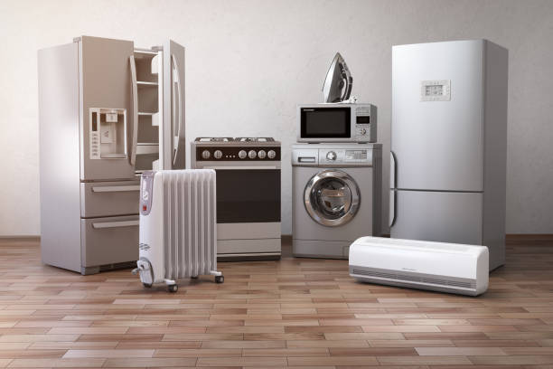 Home appliancess. Set of household kitchen technics in the new appartments or kitchen. E-commerce online internet store nad delivering of appliances concept.